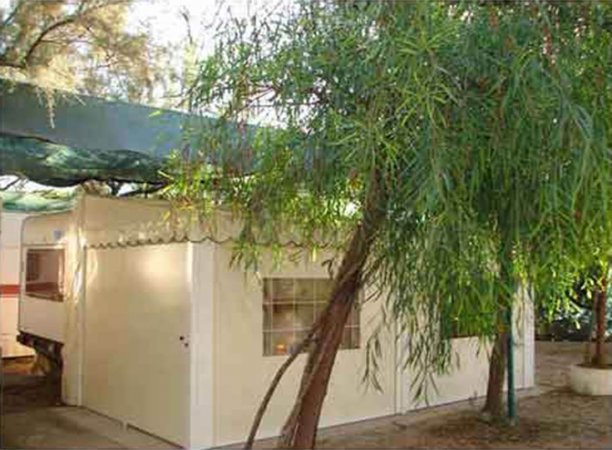 Struttura bianca accanto ad alberi.