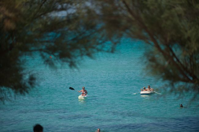 Persone in kayak e gommoni su un mare blu, viste attraverso rami di alberi.