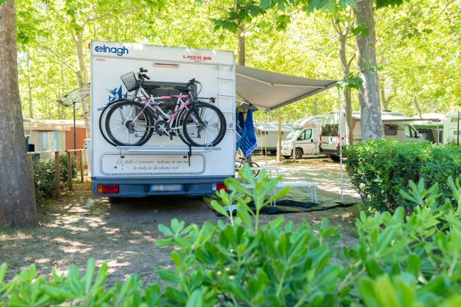 Un camper con due biciclette montate sul retro, parcheggiato in un campeggio con alberi.