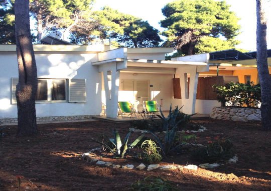 Una casa bianca con tetto sporgente, due sedie verdi sul portico e piante nel giardino.