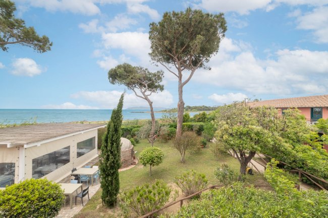 Giardino con alberi, vista mare sullo sfondo.