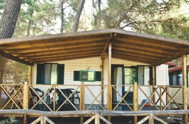 Bungalow in legno con veranda, circondato da alberi.