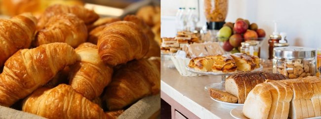 Croissant e pane su un tavolo da colazione.