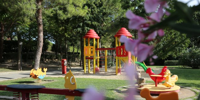 Parco giochi colorato con giostre su erba e alberi intorno.