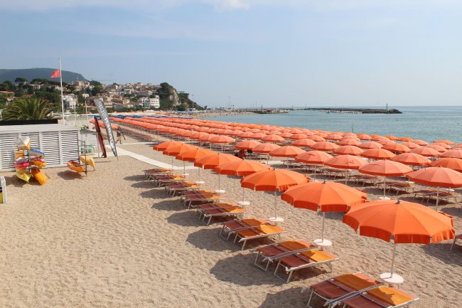 Spiaggia con numerosi ombrelloni arancioni e sdraio in file ordinate.