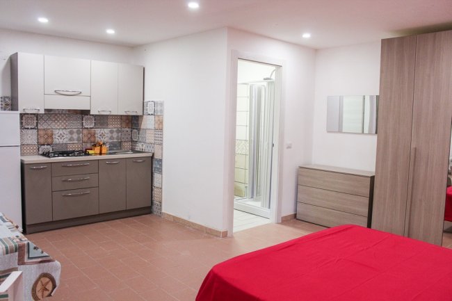 Interno di un monolocale con angolo cottura e bagno, arredato con mobili moderni.