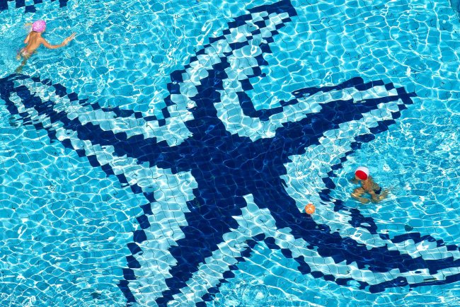 Due persone nuotano in una piscina con una decorazione a forma di stella marina blu.