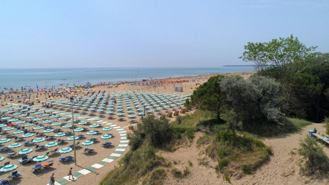 Spiaggia con file ordinate di ombrelloni e lettini, persone godono del sole vicino all'oceano.