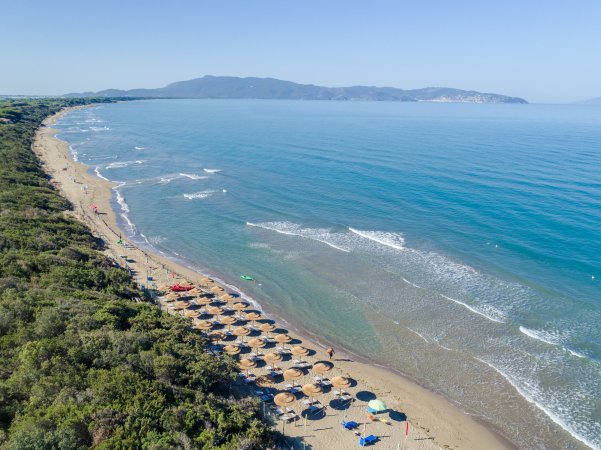 Spiaggia con ombrelloni e mare poco mosso. Vista dall'alto della costa e vegetazione.