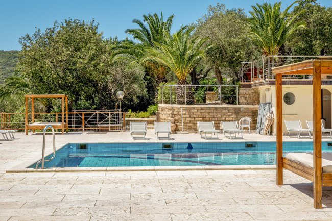 Una piscina all'aperto circondata da lettini, palme e vegetazione.