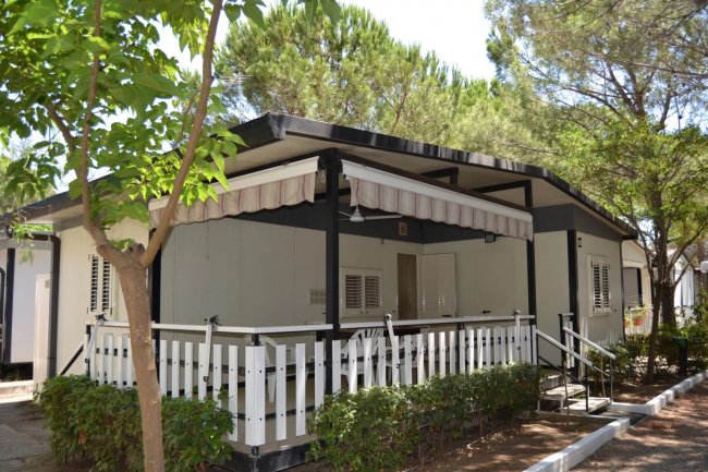 Una casa mobile con veranda, circondata da cespugli e alberi, sotto la luce del sole.