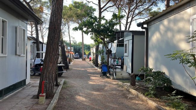 Stradina tra case mobili, con alberi e una carrozzina blu sul lato destro.