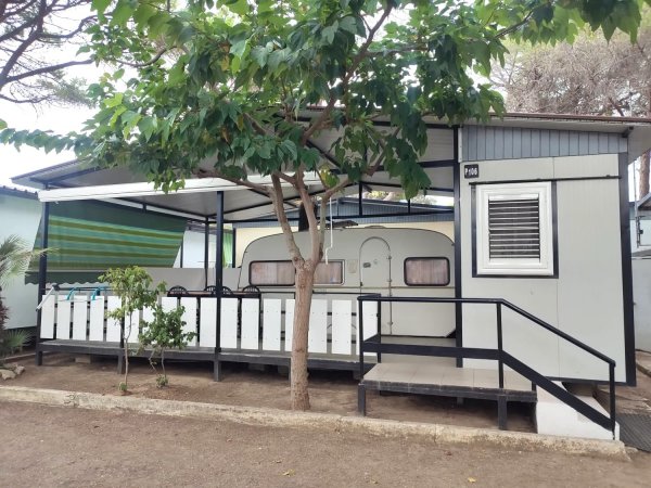 Una casa mobile con una veranda, parzialmente coperta, e un grande albero davanti.