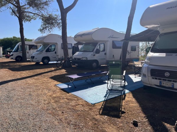 Roulotte parcheggiate in un campeggio con sedie e un tappeto all'aperto.