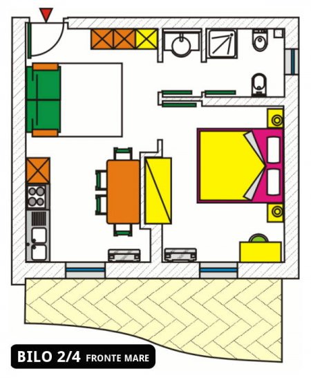 Piantina di un appartamento bilocale con cucina, zona pranzo, camera da letto e bagno.