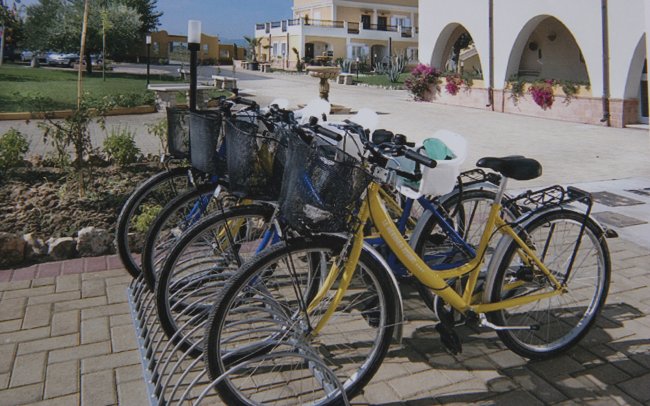 Bici parcheggiate in fila accanto a un edificio con archi, fiori e un prato.
