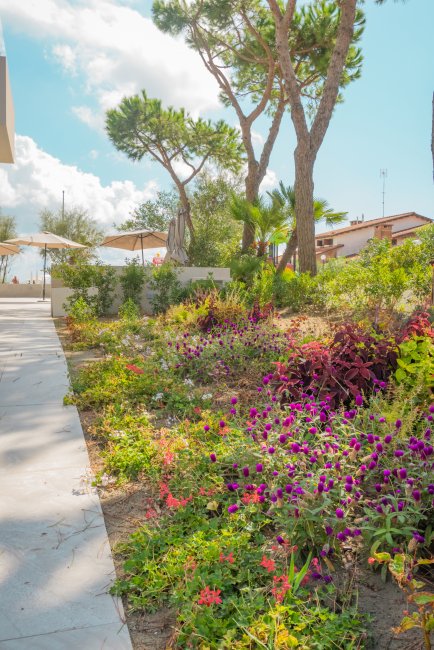 Un giardino fiorito con fiori colorati e alberi, immerso in un ambiente soleggiato.