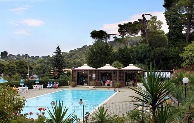 Piscina esterna con persone, circondata da alberi e gazebo.