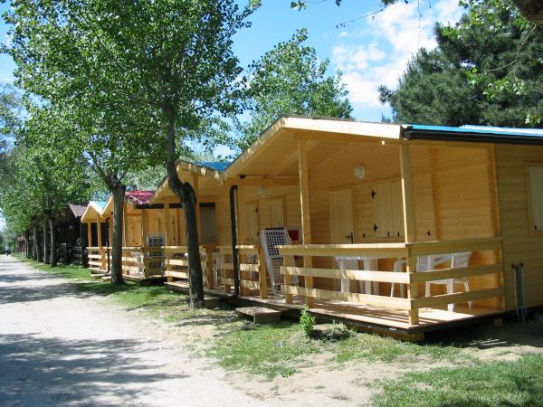 Alcuni bungalow di legno lungo un viale alberato con sedie sul patio.